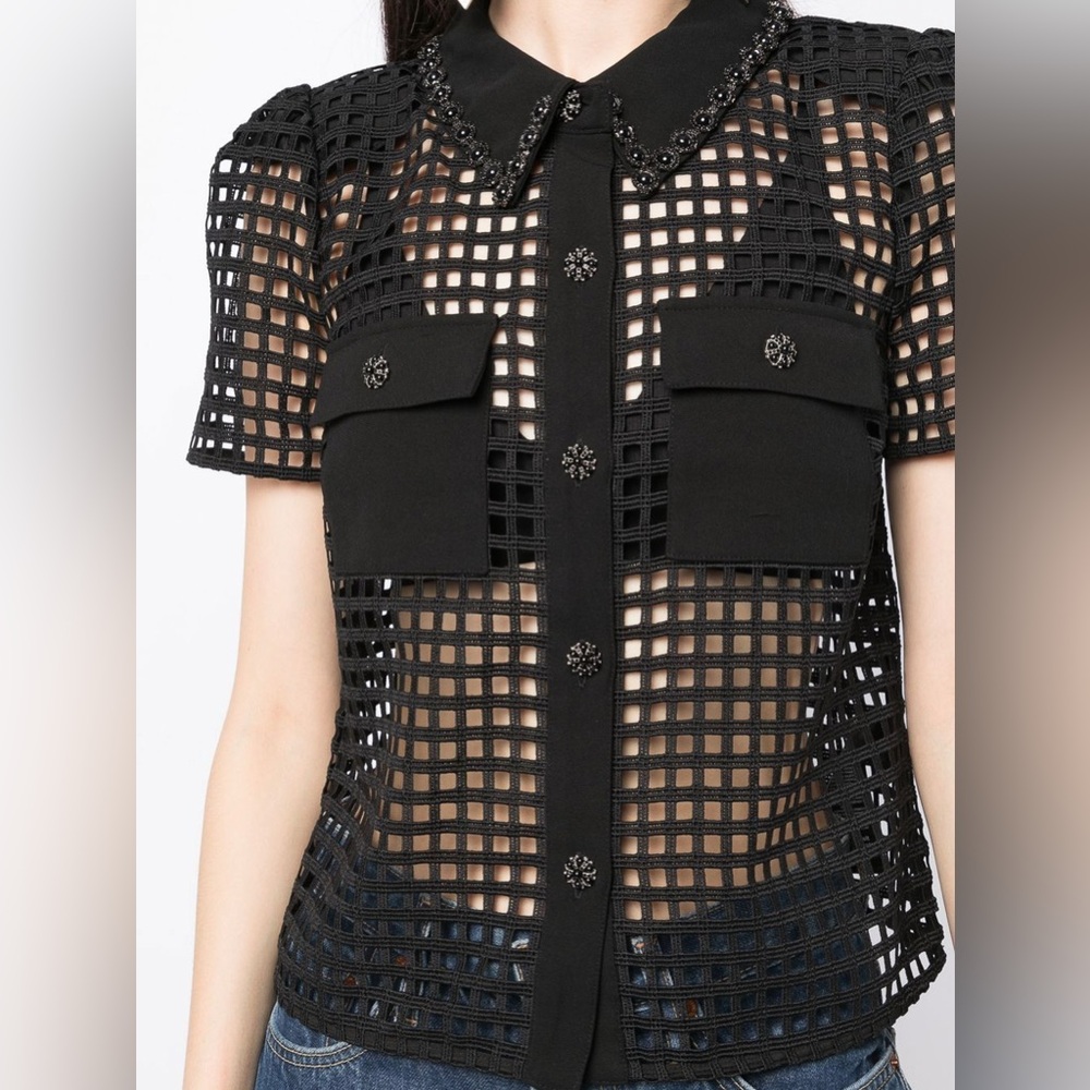 Self-Portrait Black Embellished Grid-Lace Shirt